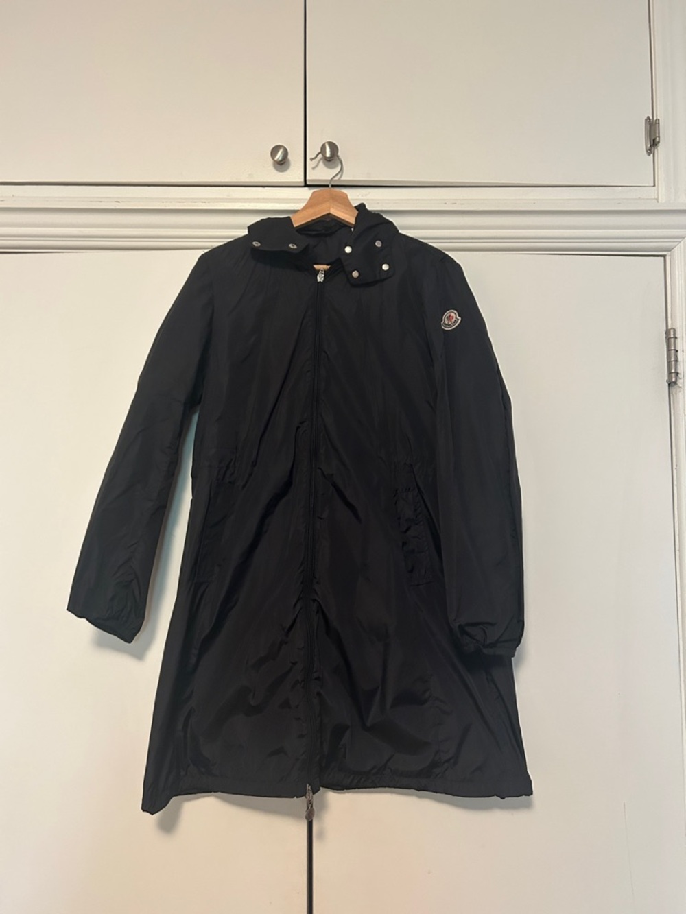 Moncler Navy Blue Hooded Raincoat with Sleeve Logo